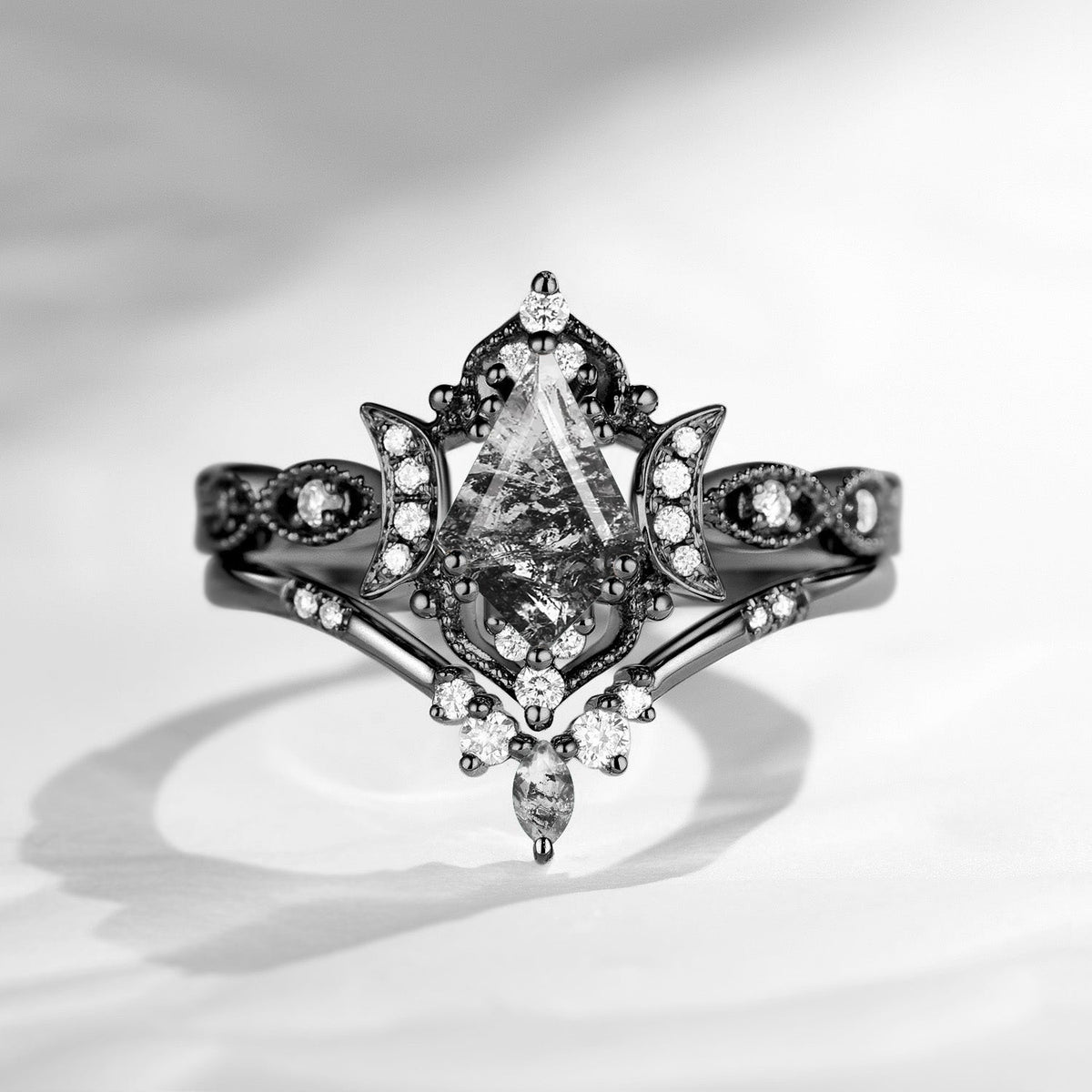 Crescent Moon | Unique Kite Cut Herkimer Diamond Engagement Ring Set 2pcs - Luna
