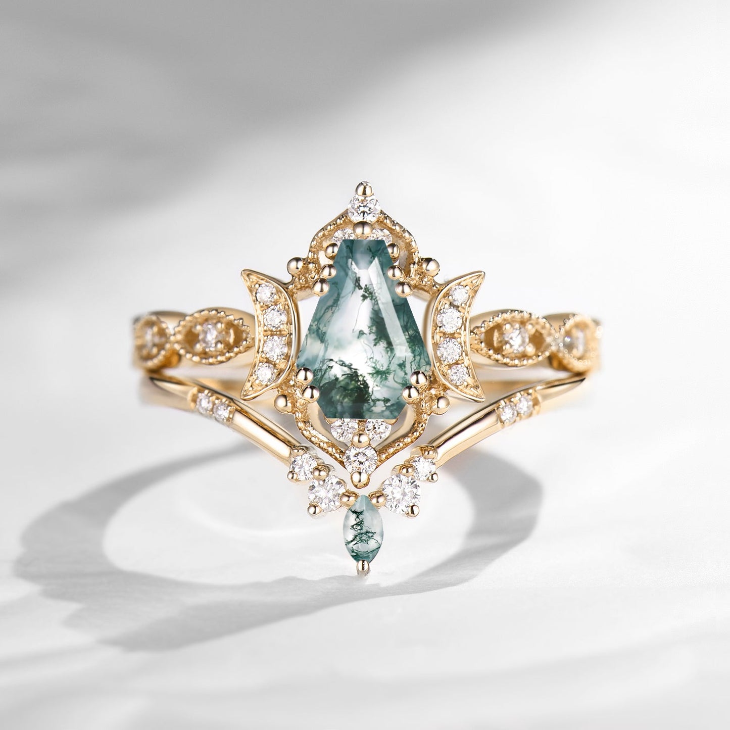Crescent Moon | Unique Coffin Cut Moss Agate Engagement Ring Set 2pcs - Luna