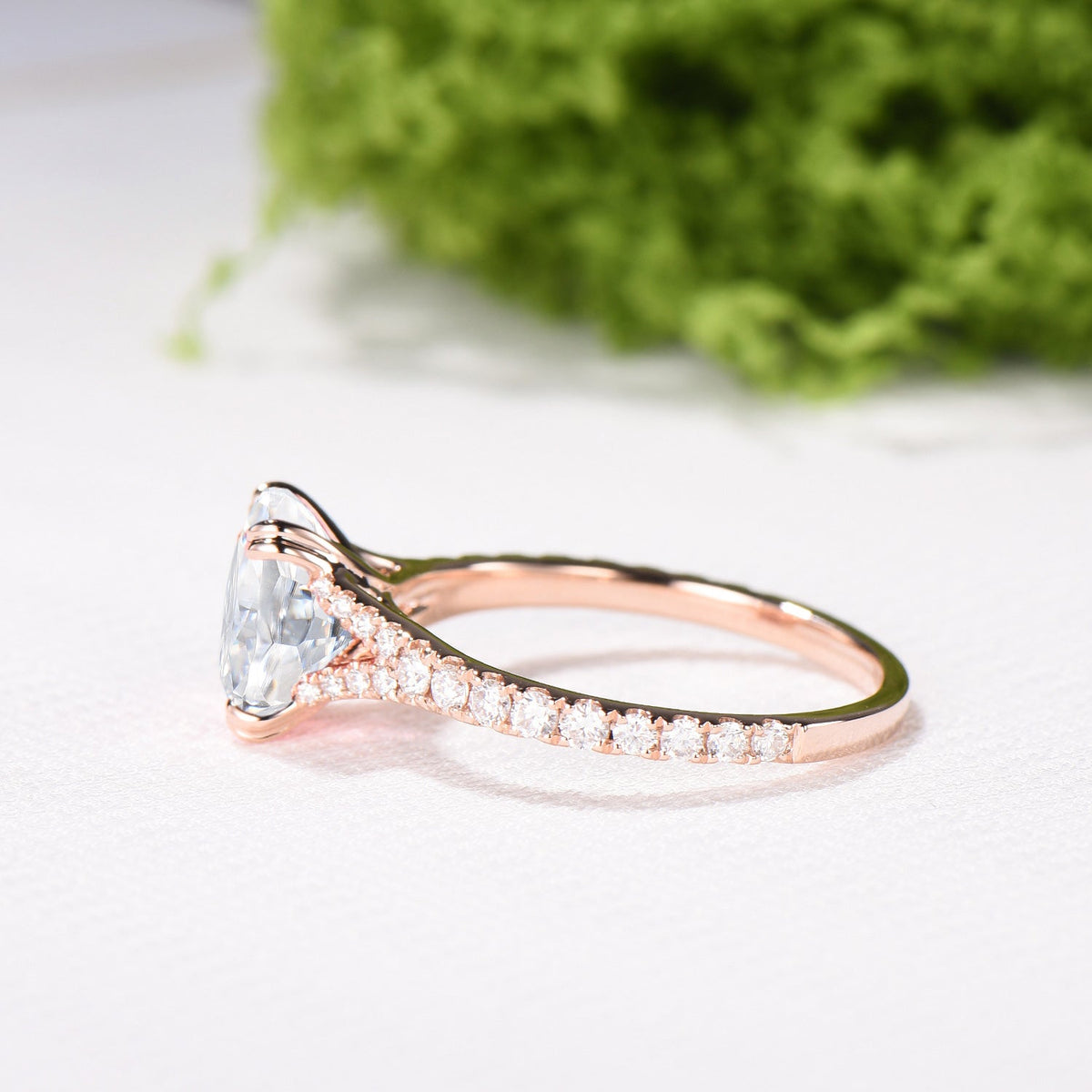 Elongated Cushion Cut Moissanite Engagement Ring, Rose Gold Pave Diamond Split Shank Ring