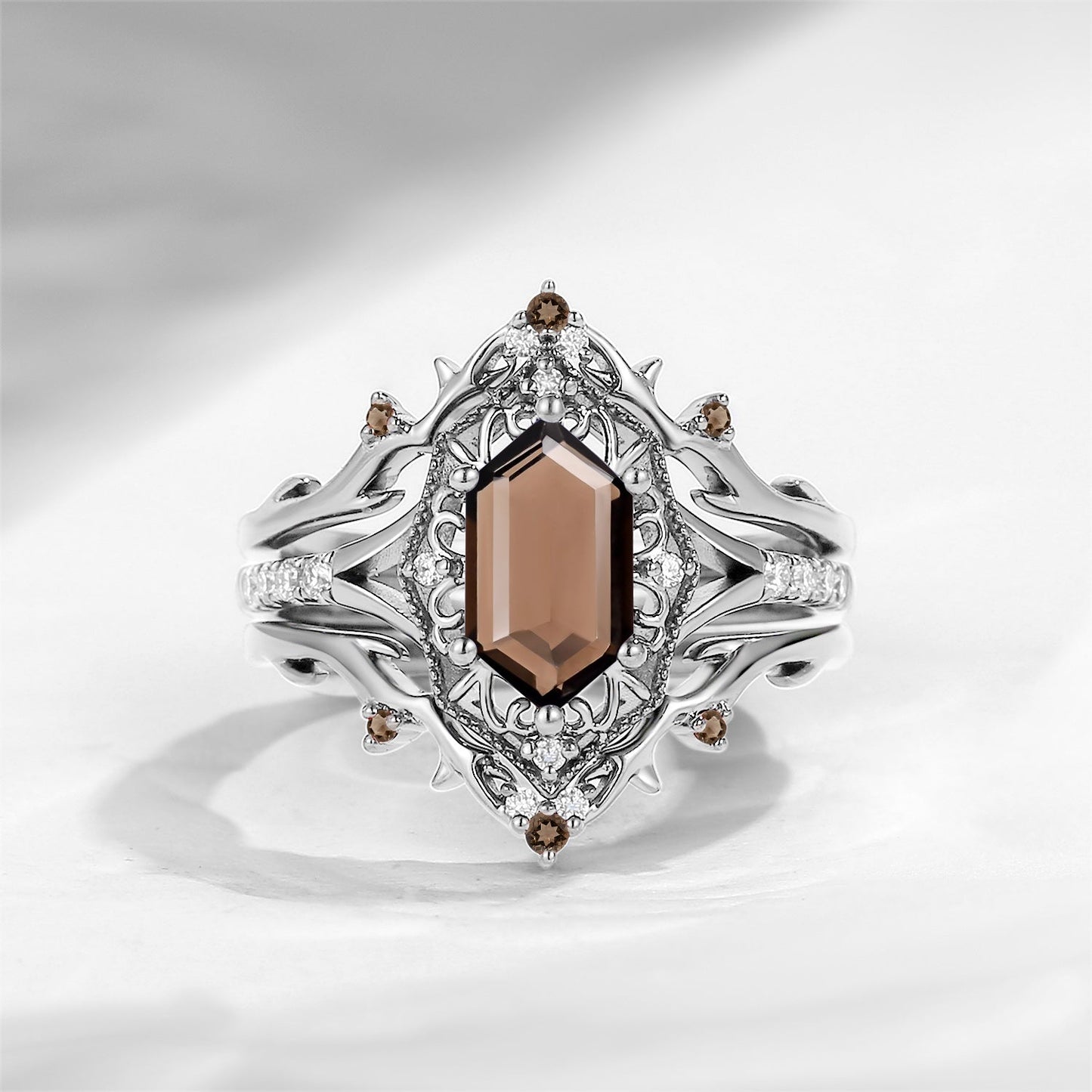 Gothic Inspired Long Hexagon Smokey Quartz 'Fallen Aegis' Shield Engagement Ring Set 3pcs