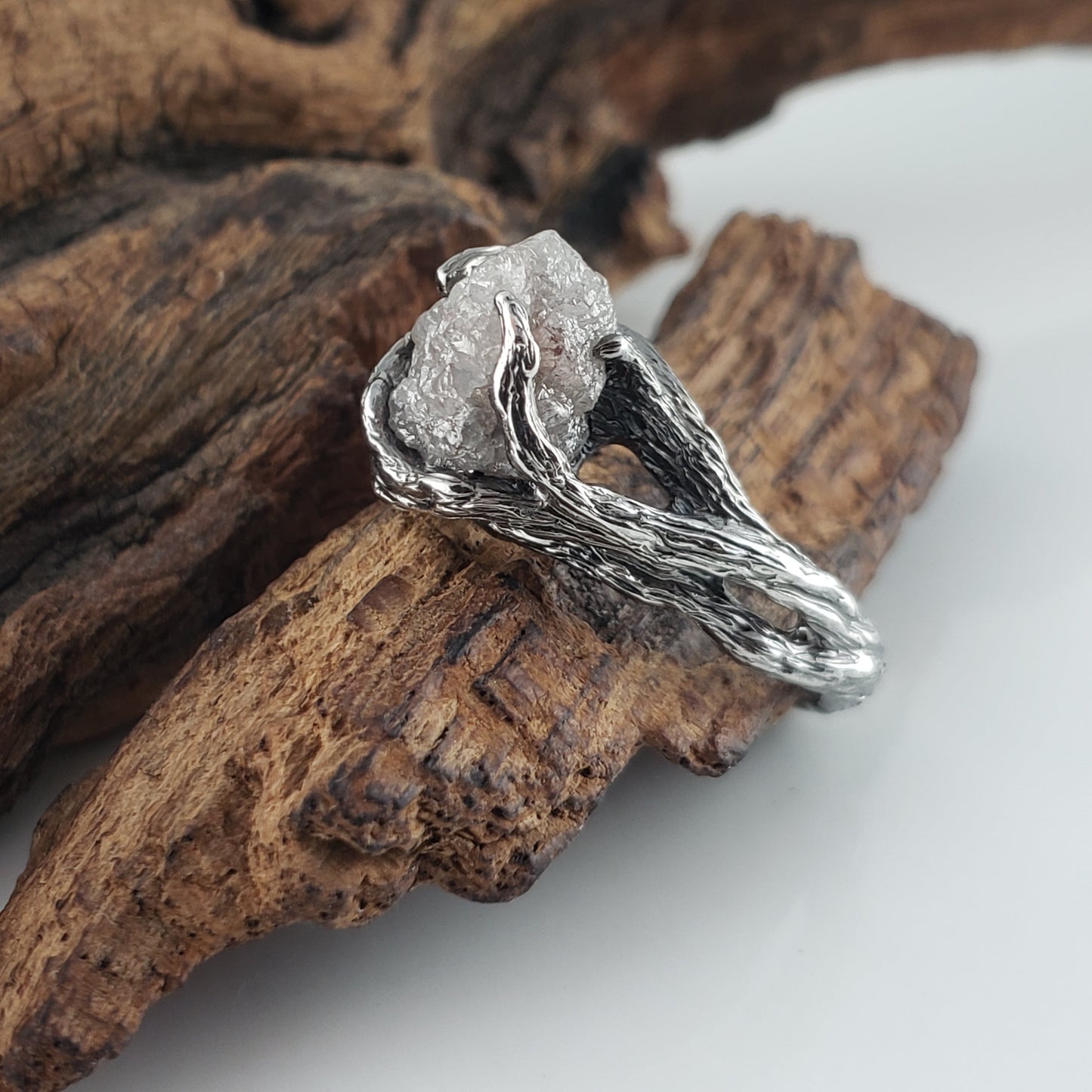 Raw Diamond Twig Engagement Ring - Handcrafted White Gold Antiqued Rustic