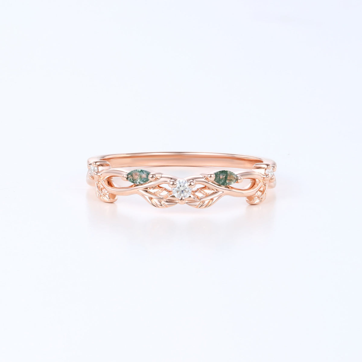 Marquise Moss Agate Matching Moissanite Wedding Band