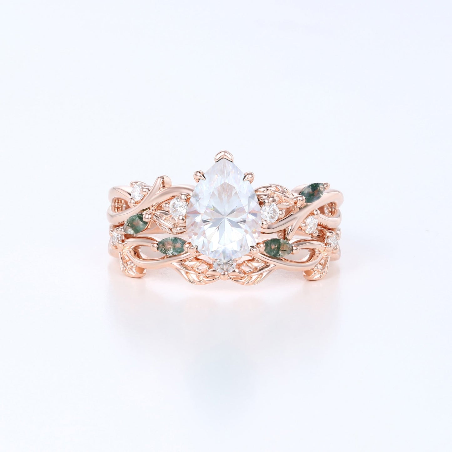 Nature Inspired Pear Cut Moissanite Engagement ring + Moss agate Wedding Bridal Set