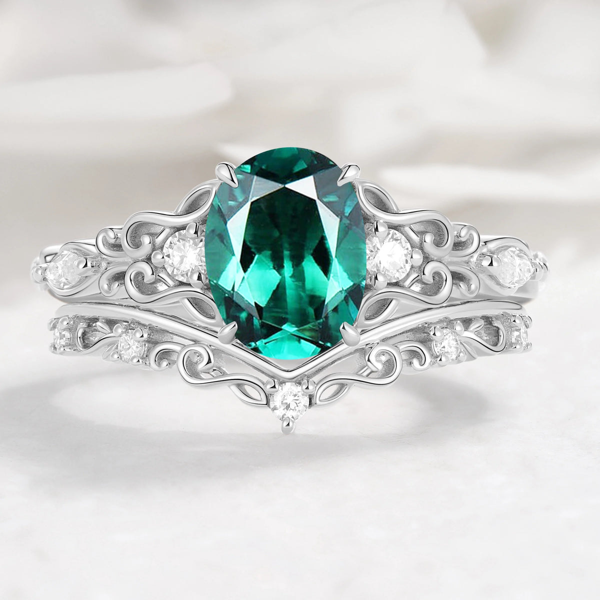 Oval Cut Musical Note Emerald Engagement Ring - Melody Ring Set