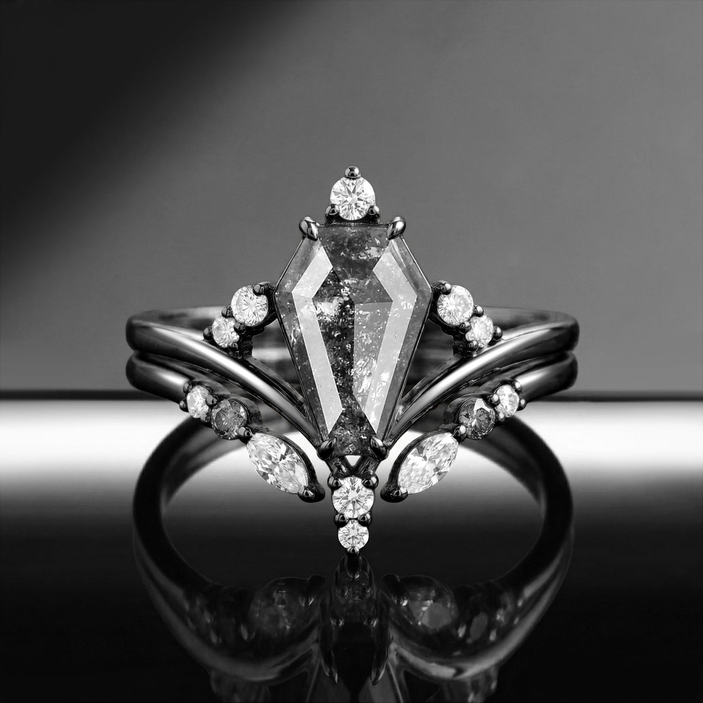 'Loren' - Art-Deco Coffin Cut Salt & Pepper Diamond Cluster Engagement Ring Set 2pcs