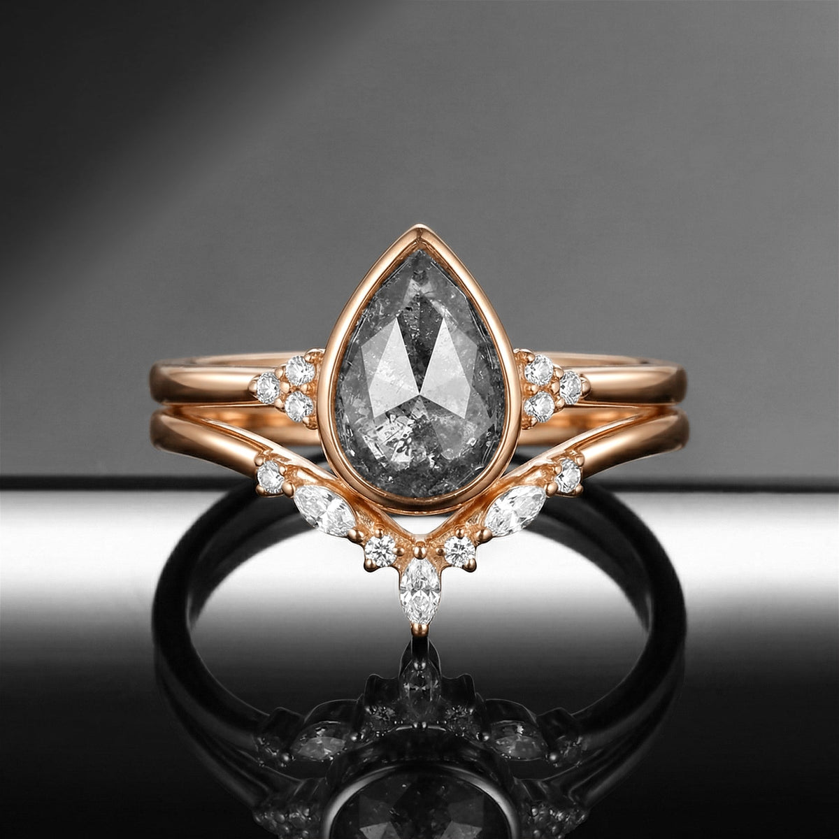 Pear Cut Salt and Pepper Diamond Bezel Classic Cluster Engagement Ring Set 2pcs
