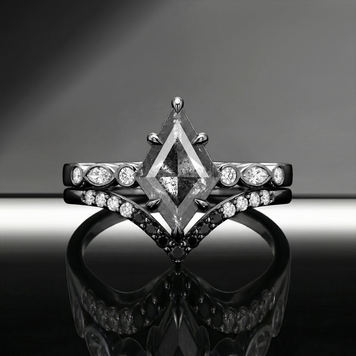 Art-Deco Kite Cut Salt & Pepper Diamond Bezel Pavé Cluster Engagement Ring Set 2pcs