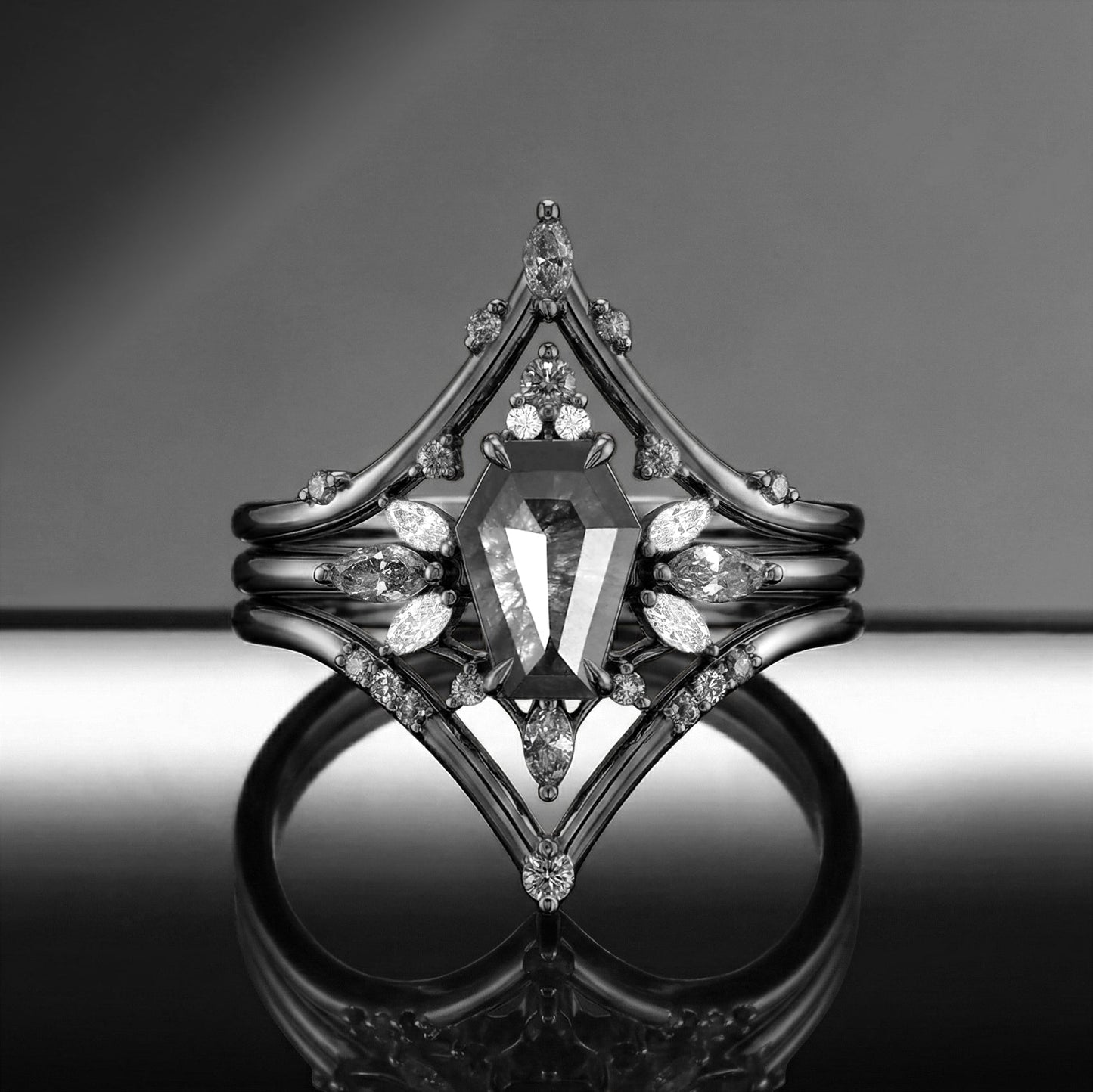 Coffin Salt & Pepper Diamond Butterfly Cluster Engagement Ring Set 3pcs