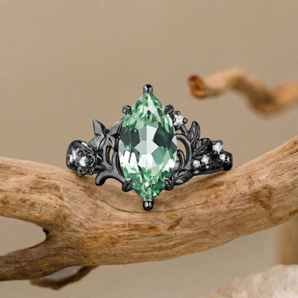 Garden Marquise Cut Green Sapphire Nature Inspired Engagement Ring - Florentina