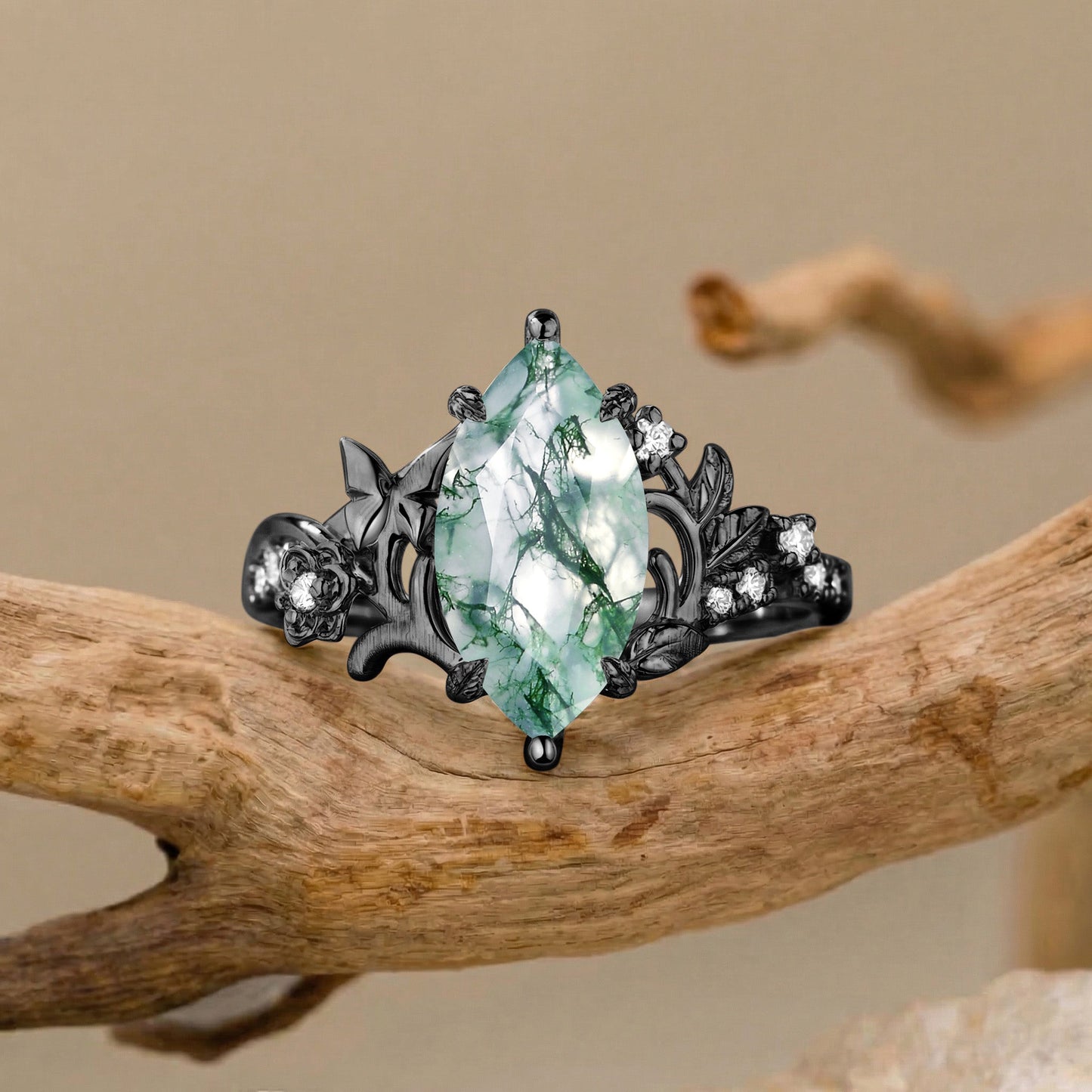 Garden Marquise Cut Moss Agate Nature Inspired Engagement Ring - Florentina
