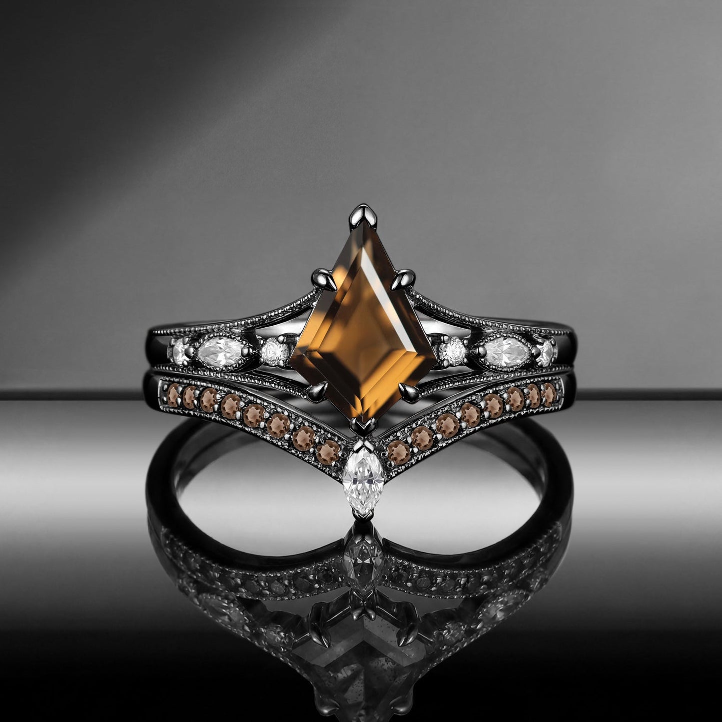 Vintage Art-Deco Kite Smokey Quartz Milgrain Split Shank Engagement Ring Set 2pcs