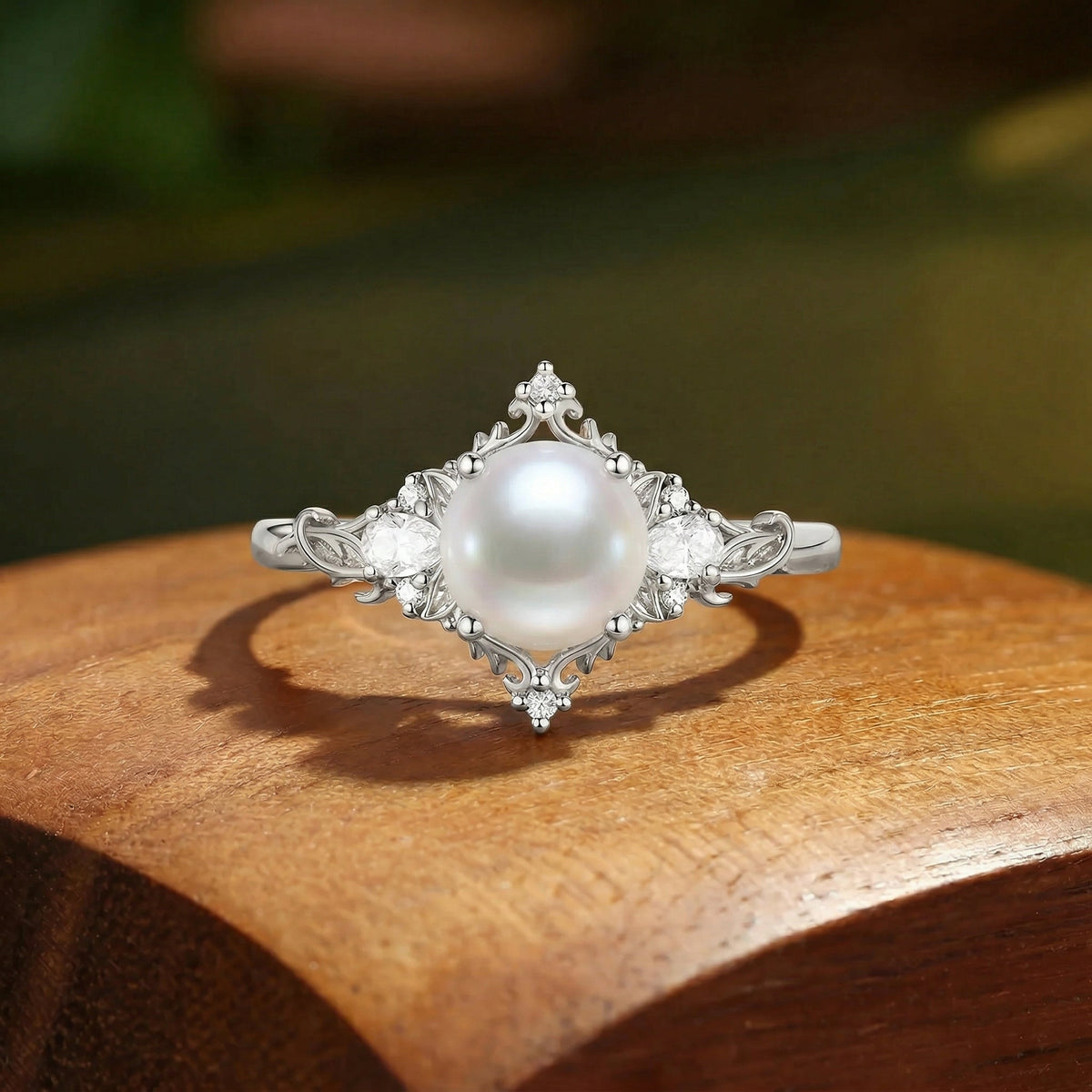 Floral Fairy Round Cut Pearl Flower Engagement Ring - Fanchon