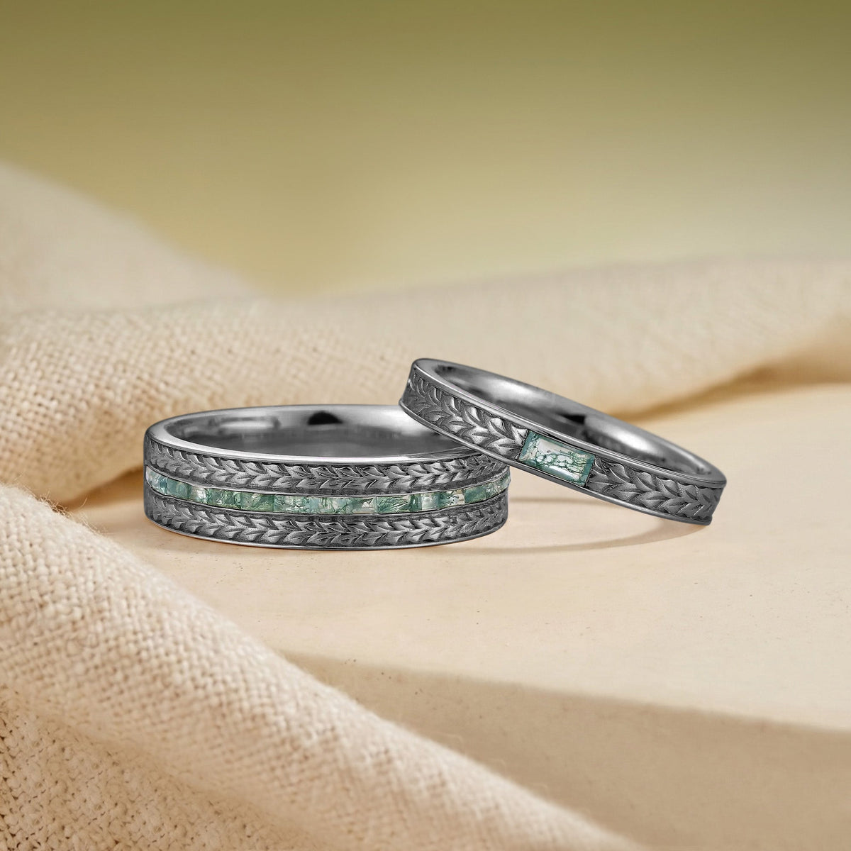Wheat Harvest Moss Agate Baguette Engraved Couple Wedding Band - Velda