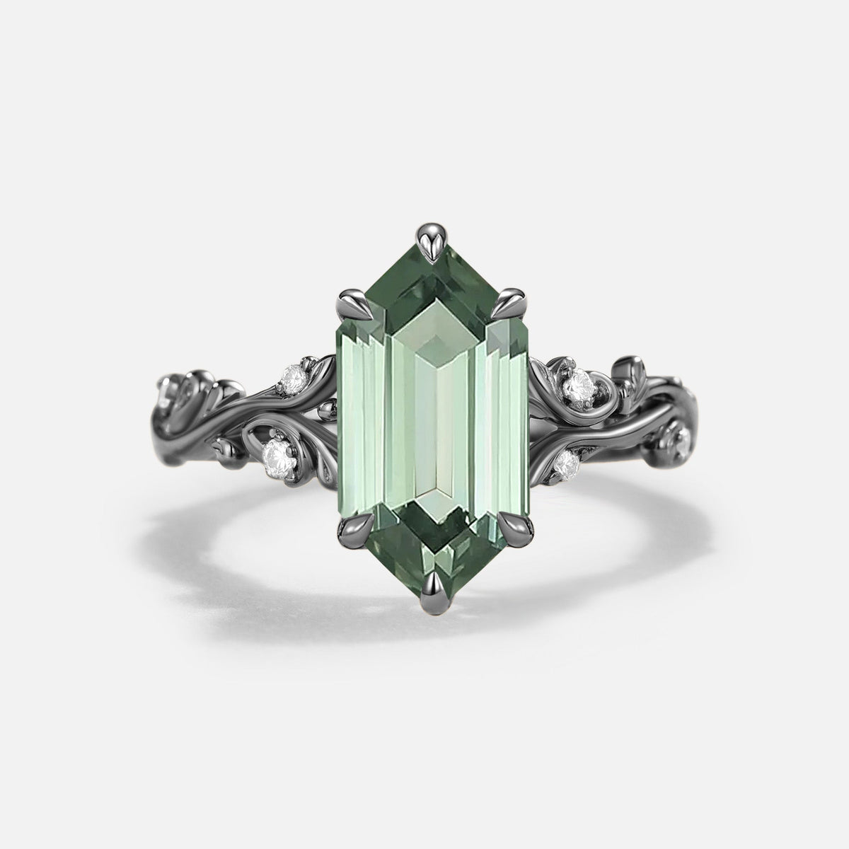 Long Hexagon Lab Green Sapphire Engagement Ring - Celadon