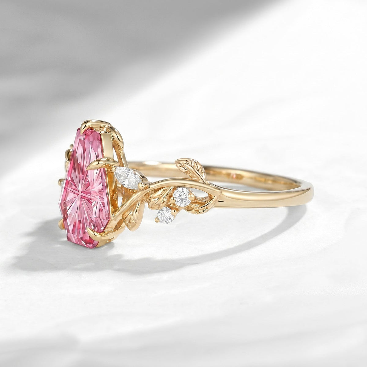 Nature Inspired Fantasy Carved Coffin Natural Pink Tourmaline Unique Leaf Vine Engagement Ring