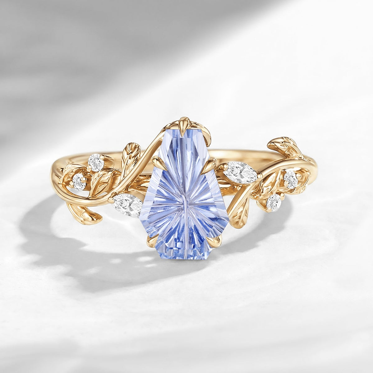 Nature Inspired - Fantasy Cut Coffin Lab Pink Sapphire Engagement Ring with Leaf Vine Band