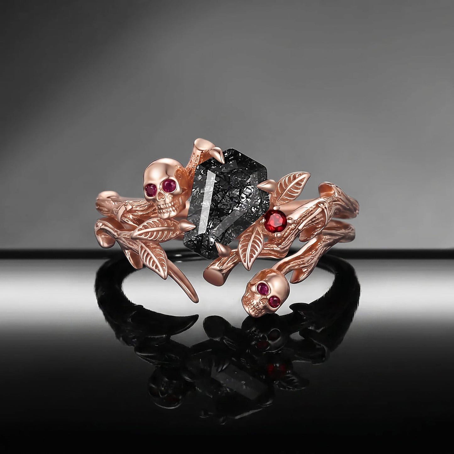 Thorns & Roses - Gothic Skull Coffin Black Rutilated Quartz Engagement Ring Set with Bark Textured Band