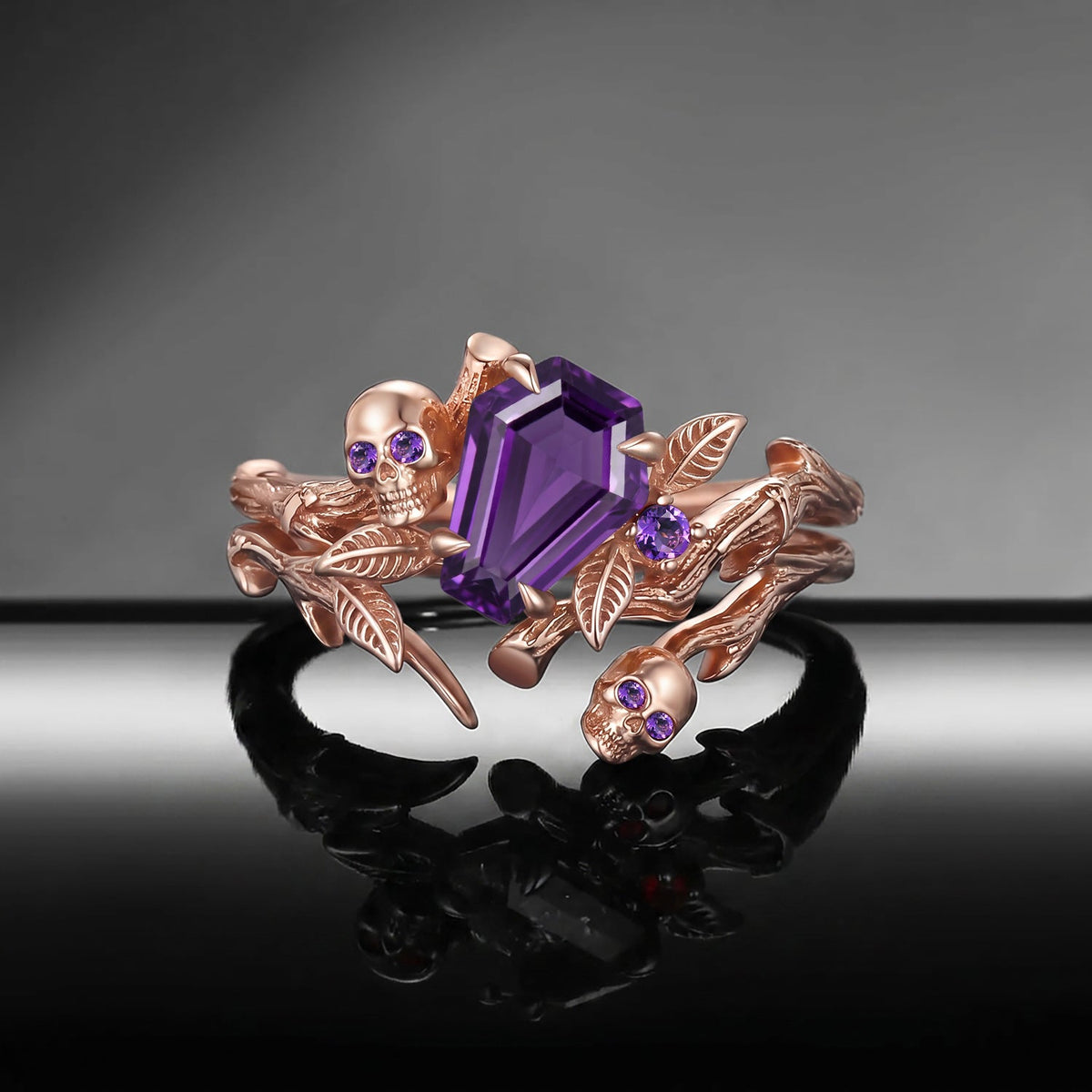 Thorns & Roses - Gothic Skull Coffin Amethyst Engagement Ring Set with Bark Textured Band