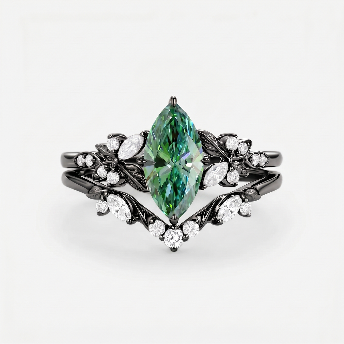 Marquise Green Moissanite Leafy Engagement Ring Sets 2pcs - Peony