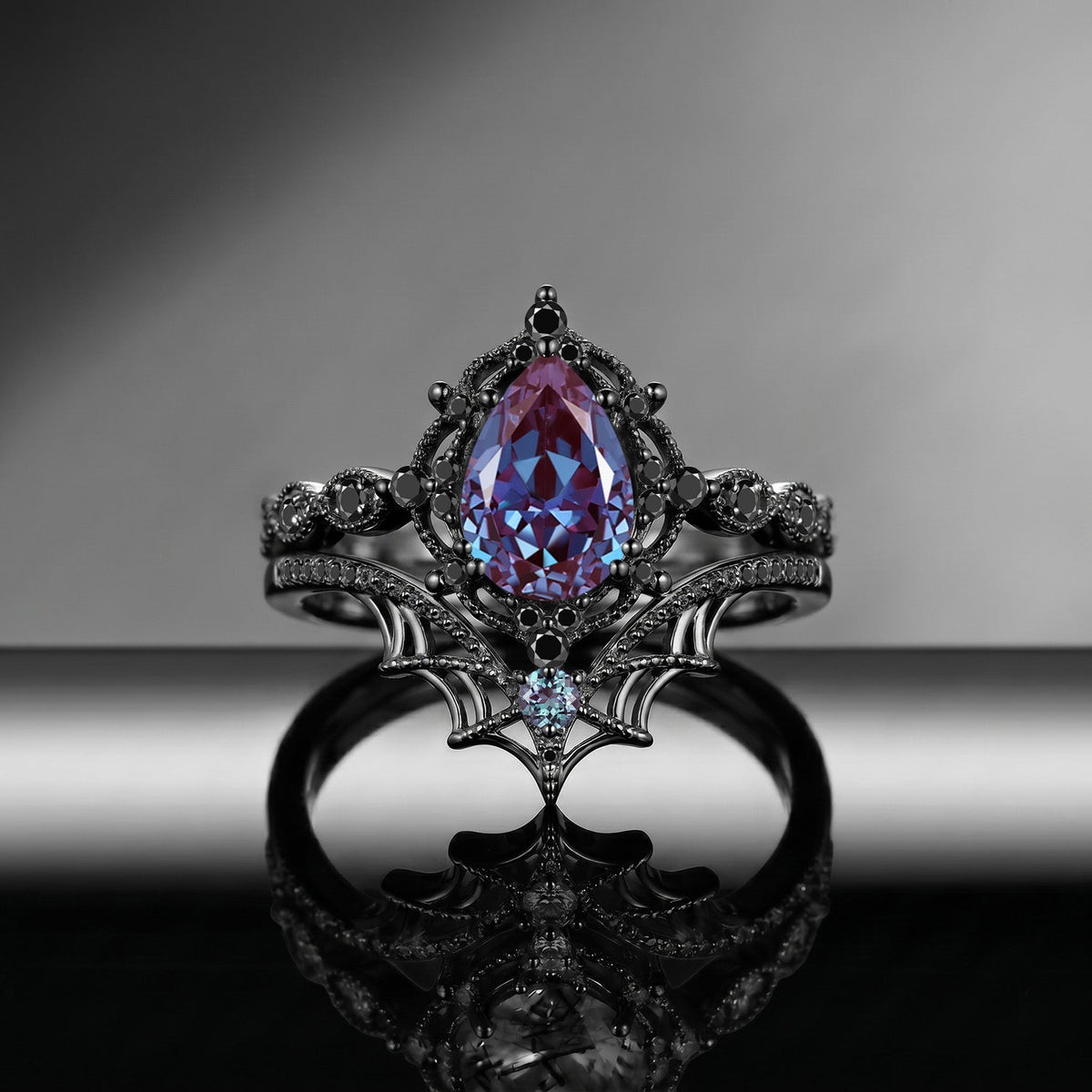 Spider Ring 'Web of Love' – Gothic Pear Cut Garnet Engagement Ring Set with Spider Web Inspired Milgrain Band