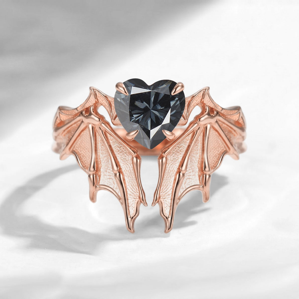 Bat Ring - Gothic Heart Grey Moissanite Matte Textured Engagement Ring Set with Bat Wing Inspired Band