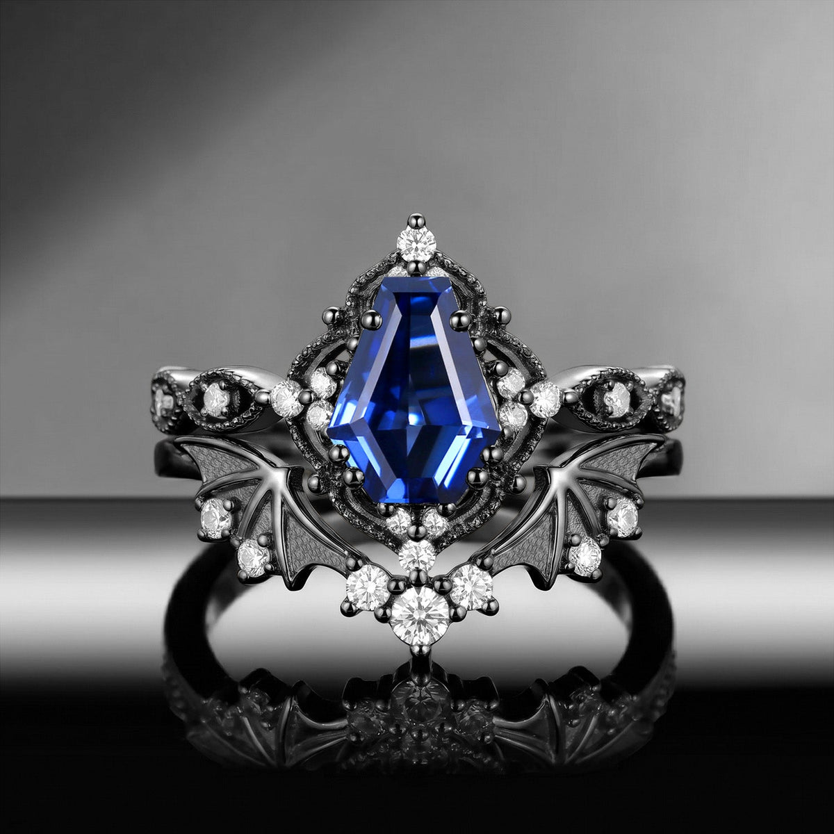 Bat Ring 'Fly to Love' - Gothic Coffin Cut Amethyst Milgrain Engagement Ring Set with Bat Wing Inspired Band