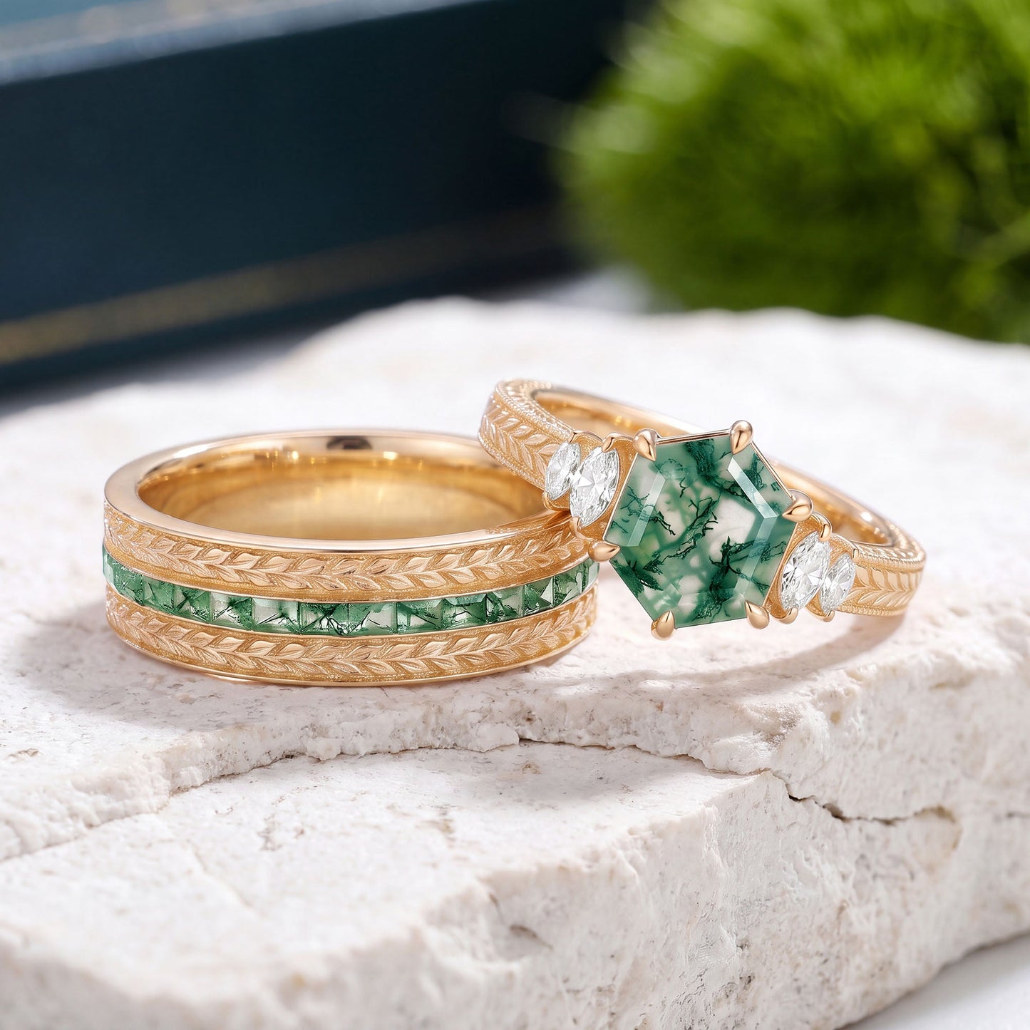 Hexagon Moss Agate Leafy Minimalis Gold Couple Ring Set 2pcs - Blossom