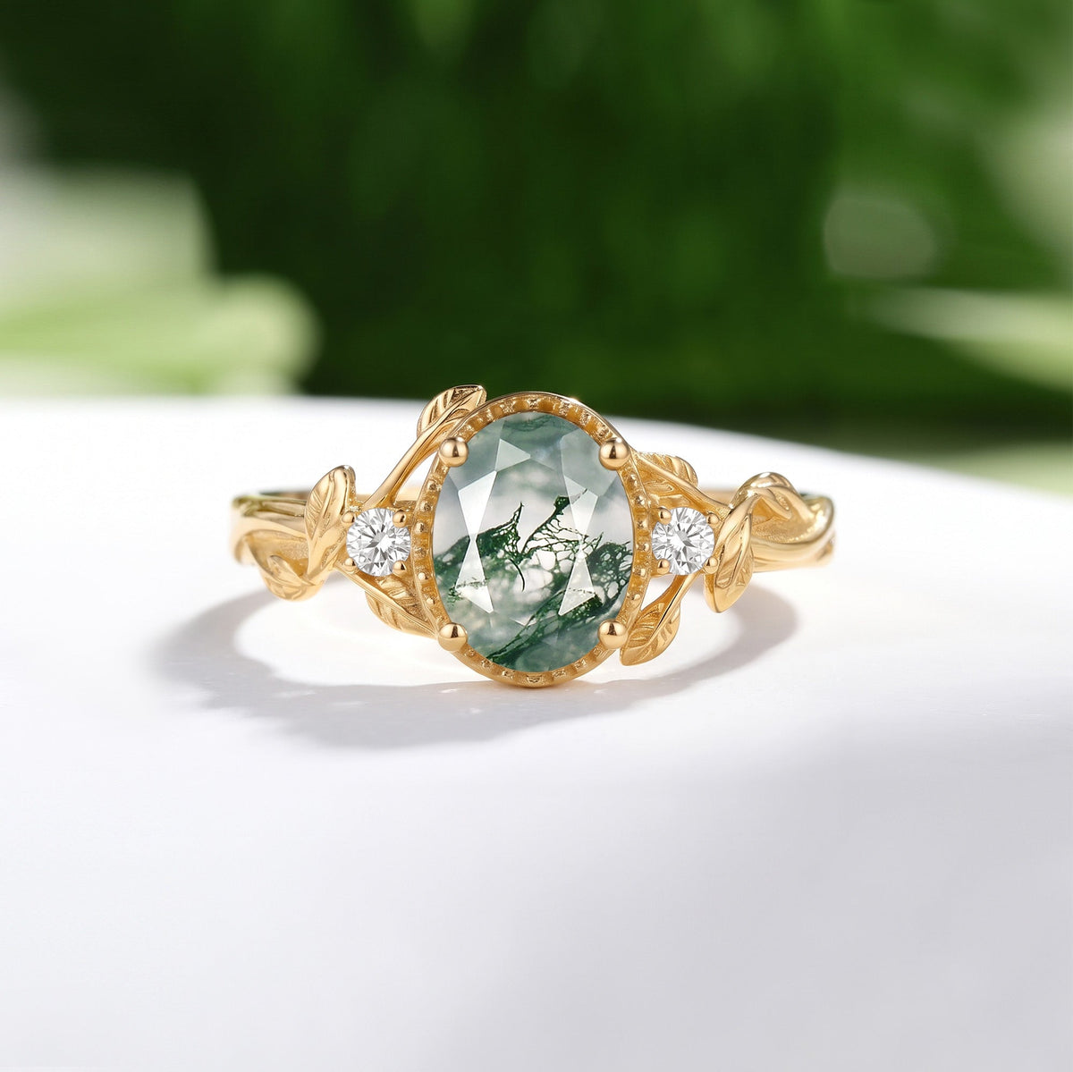Oval Cut Moss Agate Leafy Minimalist Engagement Ring - Alethea