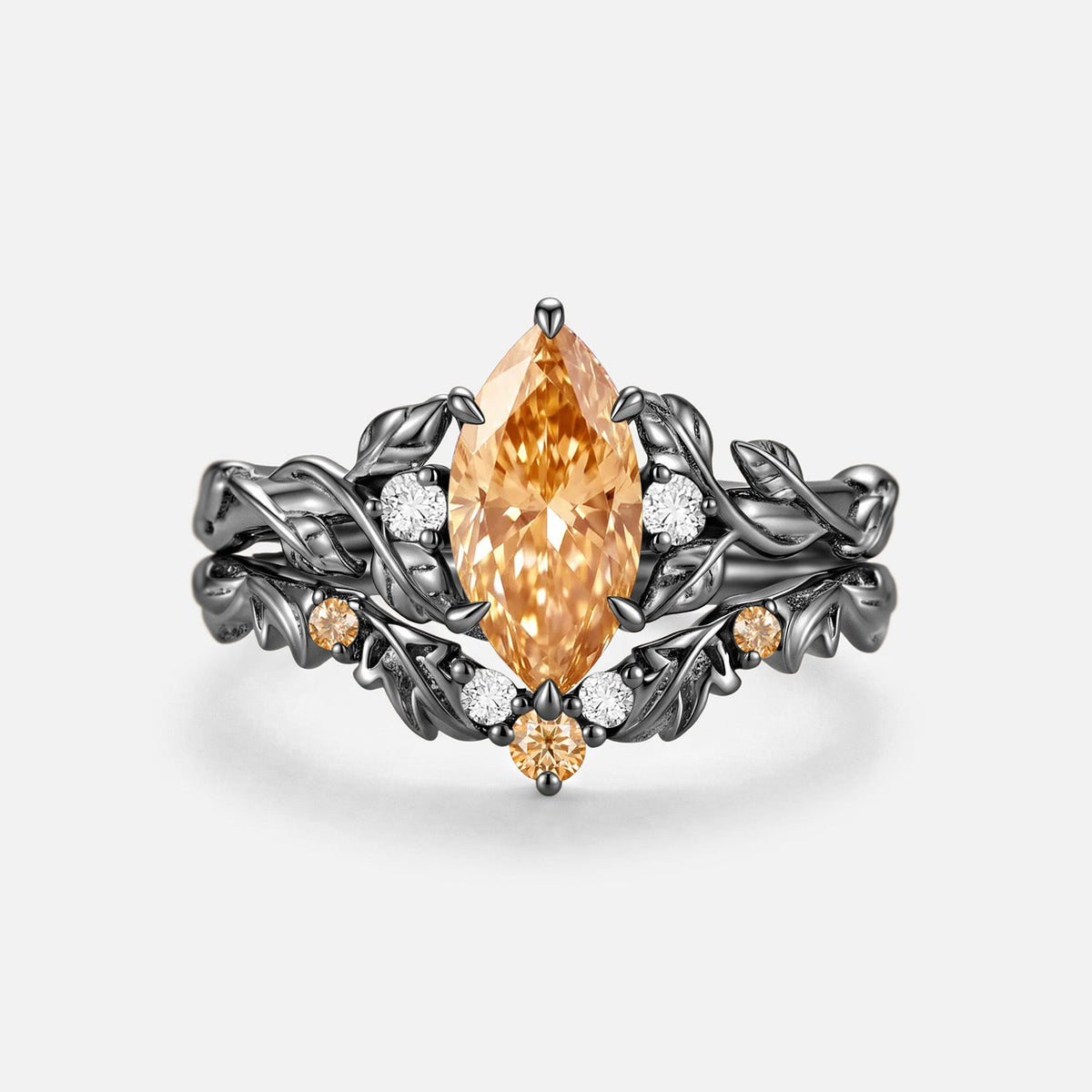 Luminous Reverie - Marquise Champagne Moissanite Leaf Dainty Engagement Ring Sets 2pcs - Linnea