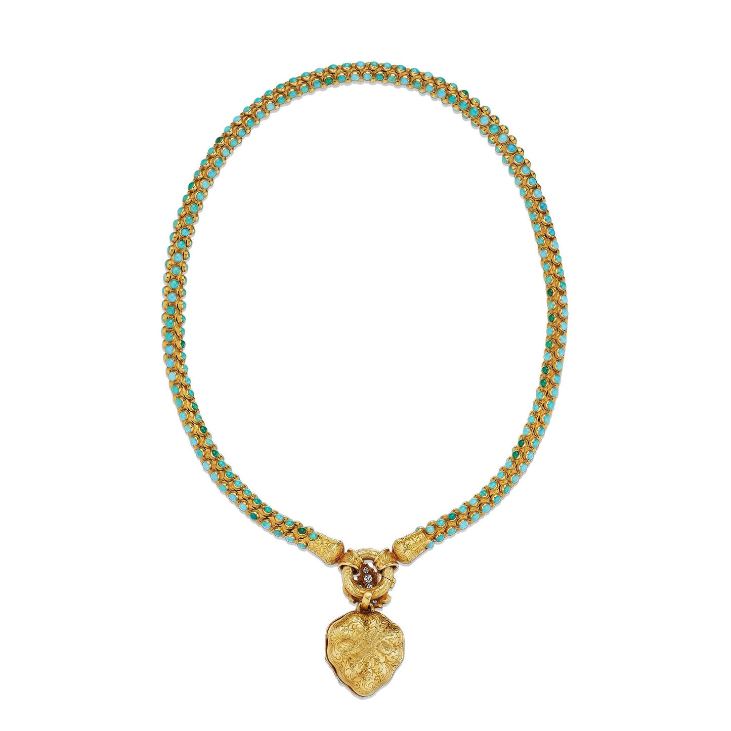 Turquoise, Diamond and Enamel Serpent and Heart Locket Necklace