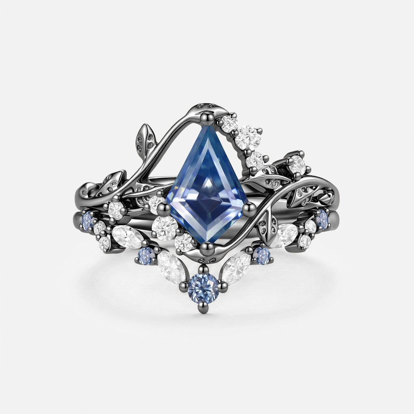 Luminous Reverie - Kite Cut Blue Moissanite Leaf Dainty Engagement Ring Set 2pcs - Soraya