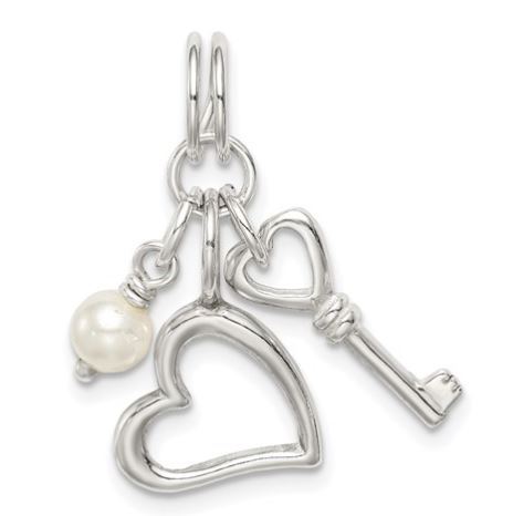 Sterling Silver Key & Heart With Simulated Pearl Charm
