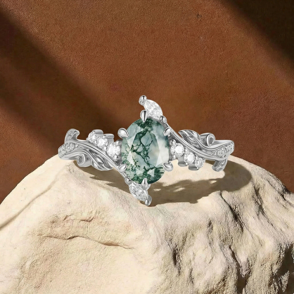 Leafy Inspired Oval Cut Moss Agate Enhancer Vine Engagement Ring - Bette