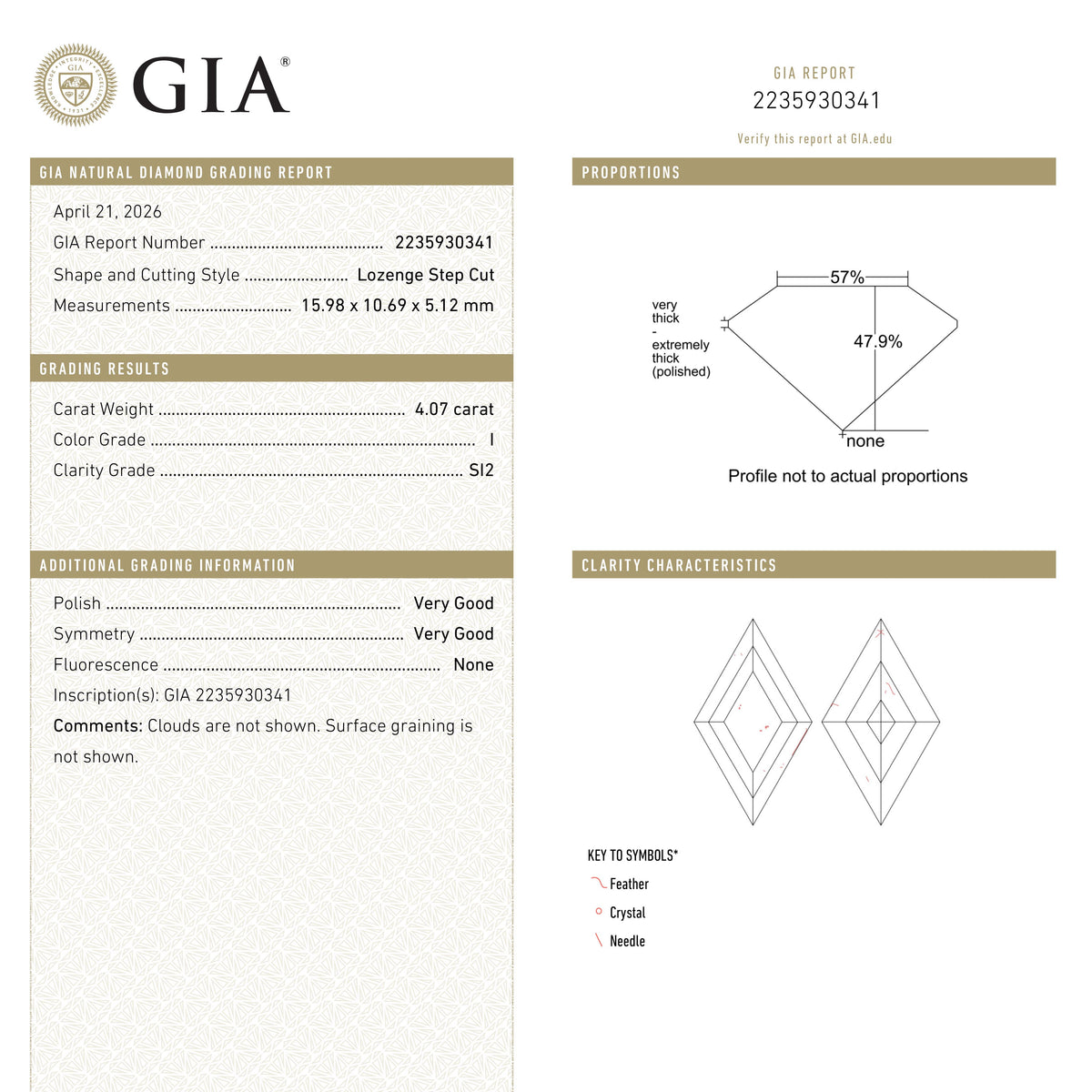 4.06ct 15.98x10.69x5.12mm GIA SI2 I Lozenge Step Cut 28010-01
