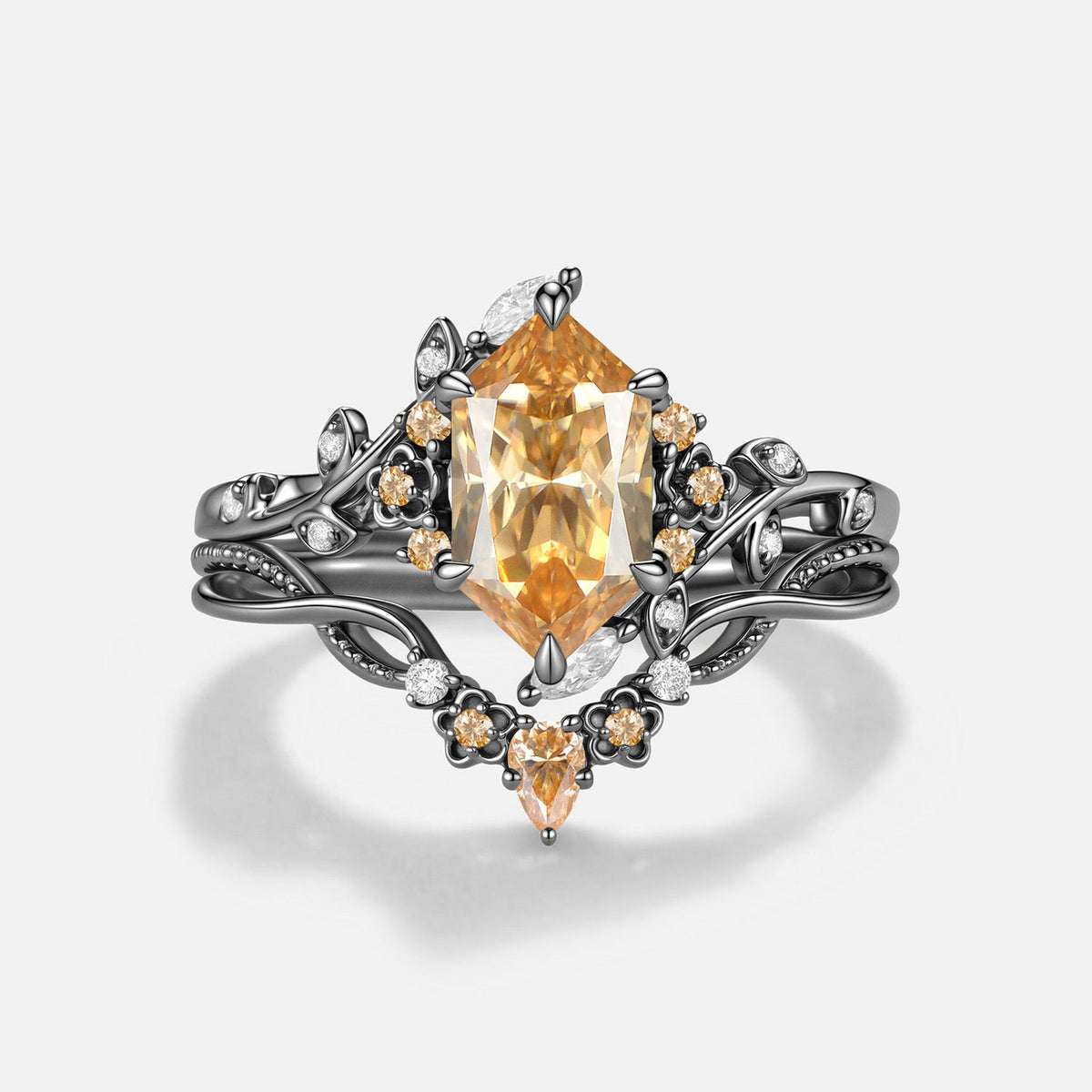 Luminous Reverie - Dutch Marquise Champagne Moissanite Flower Vintage Engagement Ring Sets - Verity