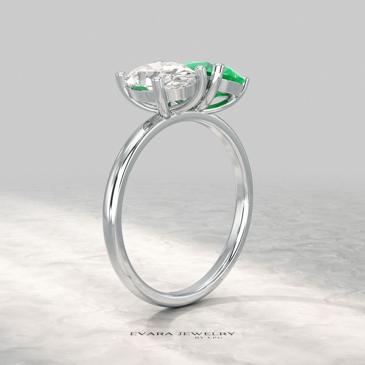 2.30 Carat Oval Cut Diamond & Pear Cut Emerald Toi Et Moi Two Stone Ring