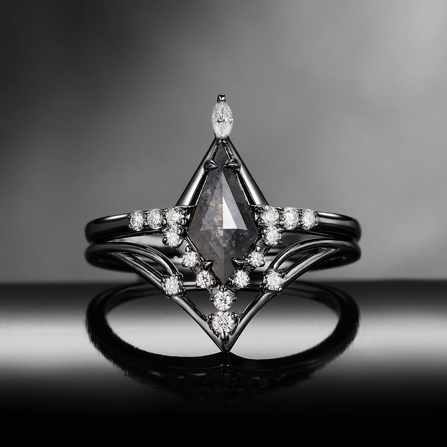 Unique Elegant Cluster Kite Natural Salt & Pepper Diamond Chevron Engagement Ring Set 2pcs