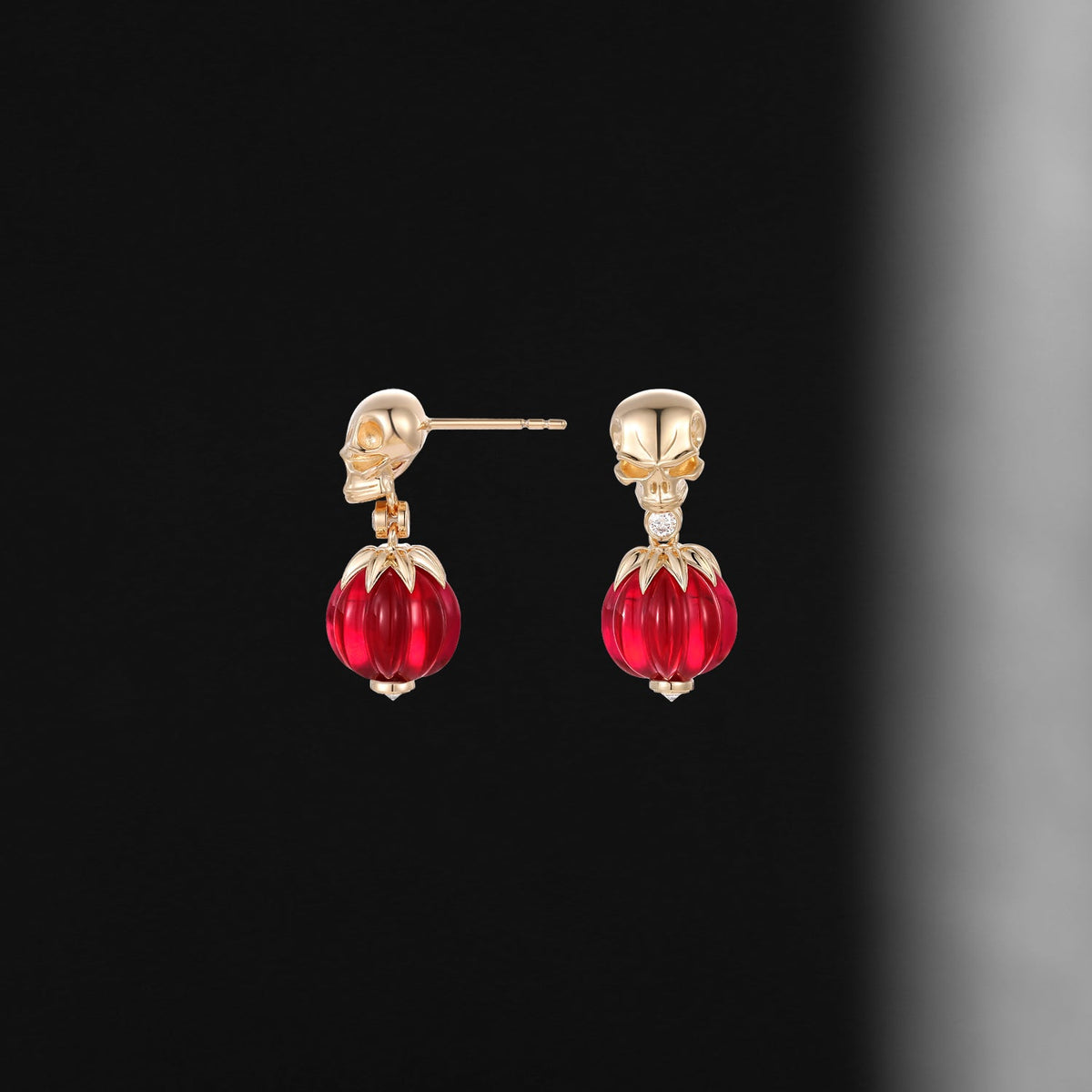 Gothic Style Lab Ruby Skull & Pumpkin Shaped Gemstone Stud Earrings Halloween Jewelry
