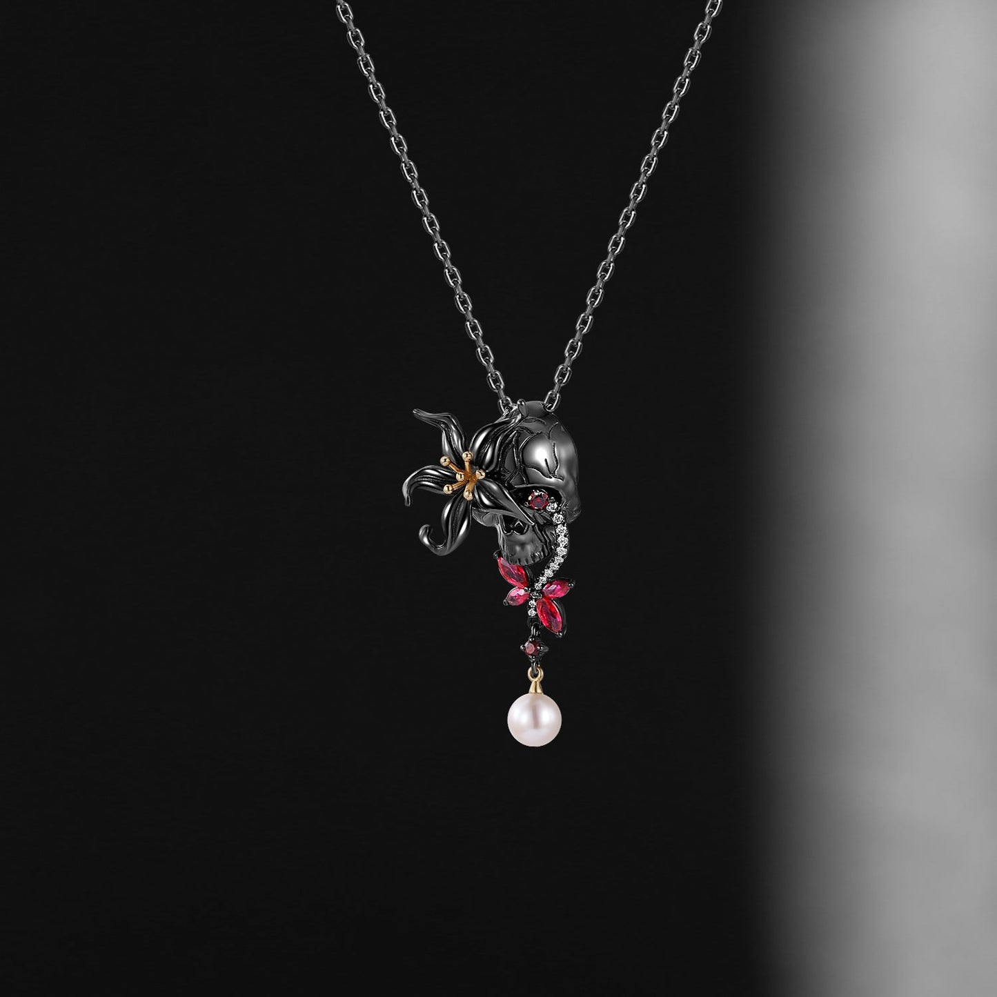 Unique Skull & Skeleton Gothic Flower Inspired Pendant Necklace Halloween Gift