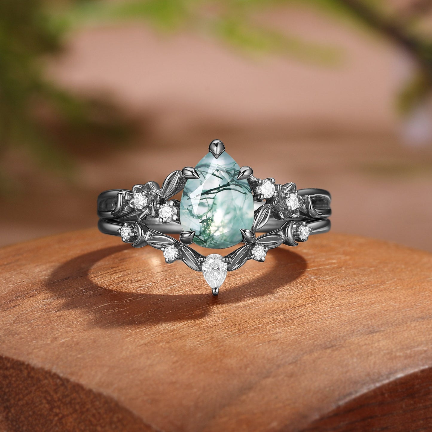 Forest Fairy Pear Cut Moss Agate Leafy Twist Bridal Set 2pcs - Sylvie