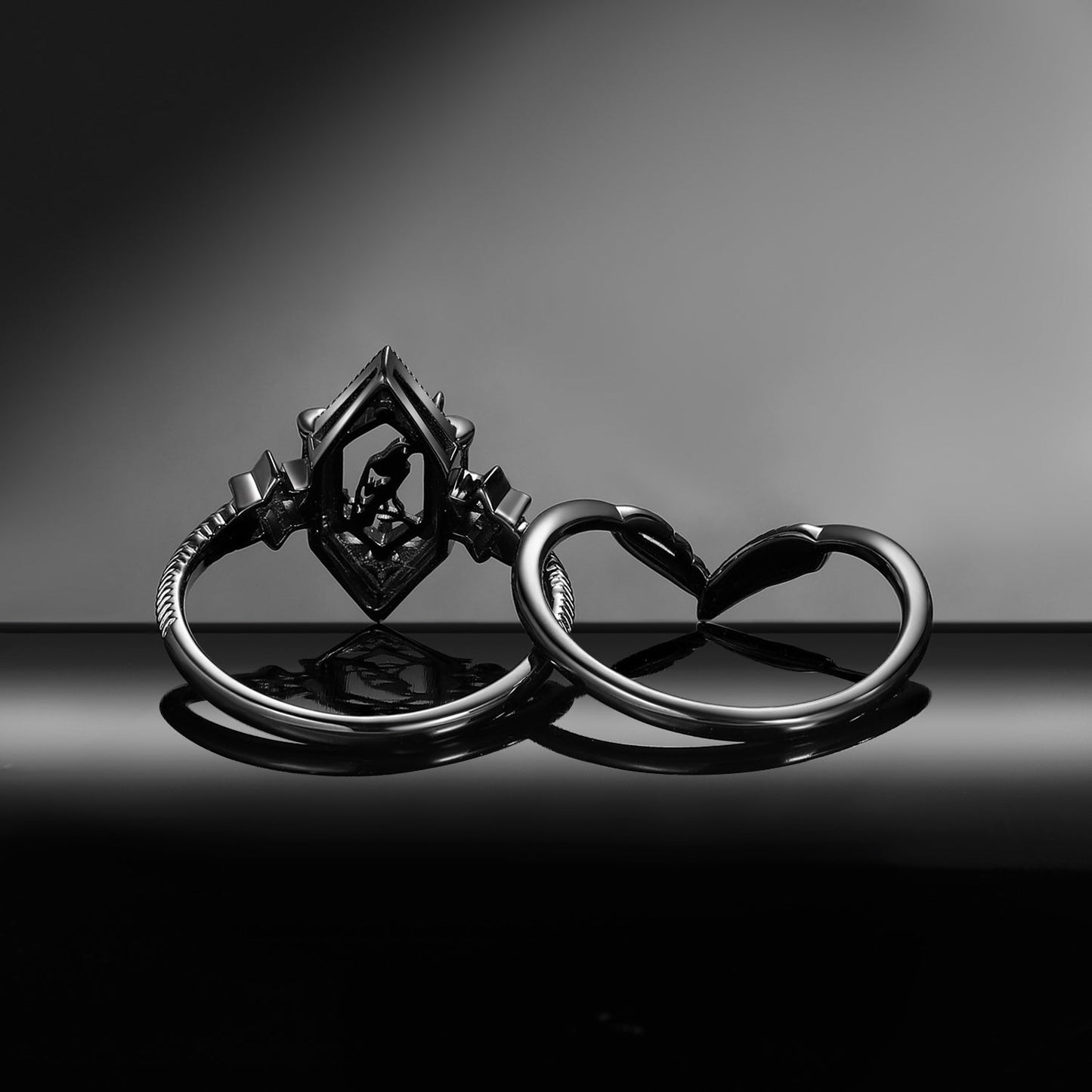 Gothic Style Long Hexagon Cut Moissanite Crow Inspired 'Caged Bird' Engagement Ring Halloween Bridal Sets 2pcs