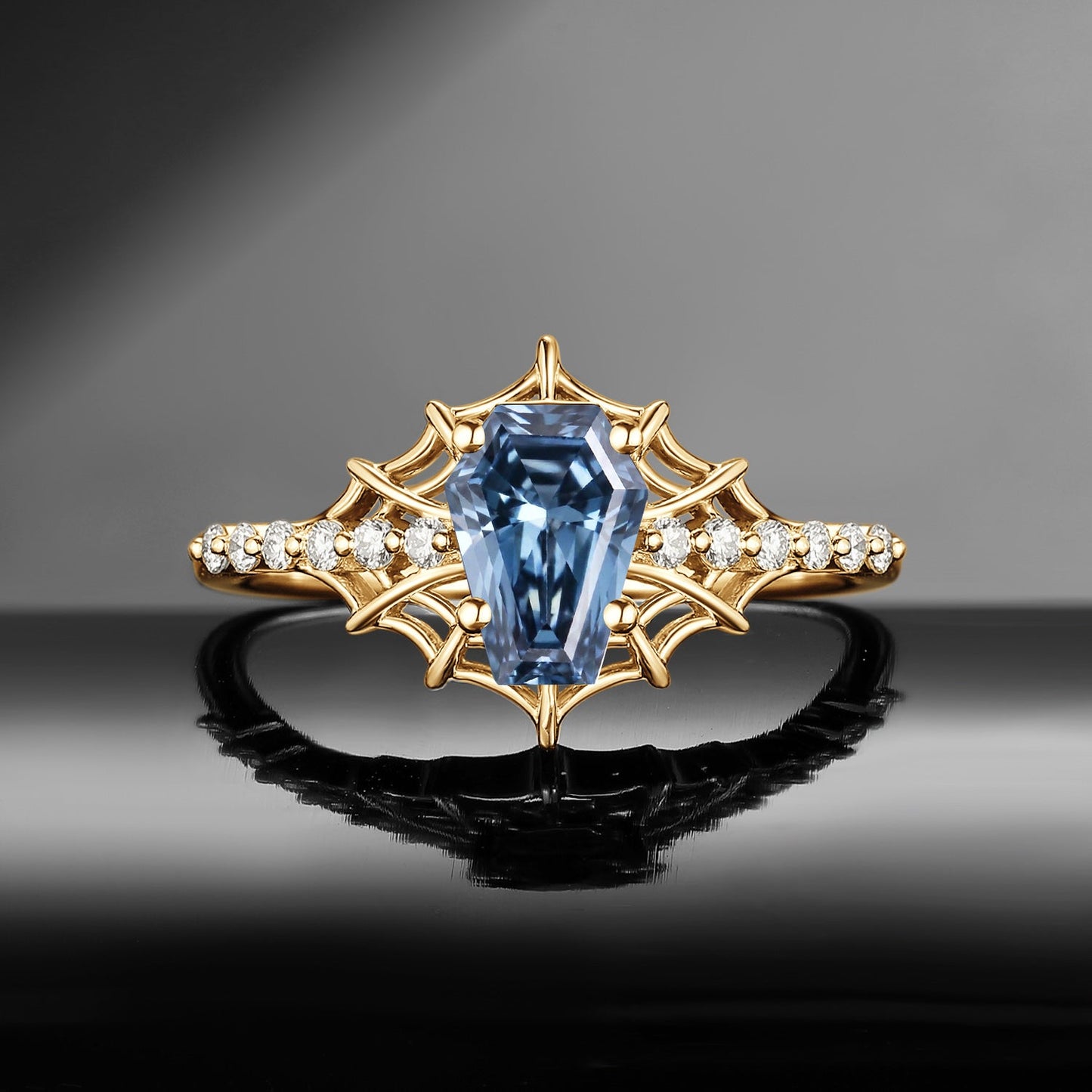 Spider Ring - Gothic Coffin Cut Blue Moissanite Engagement Ring with Spider Web Inspired Band in Black Gold