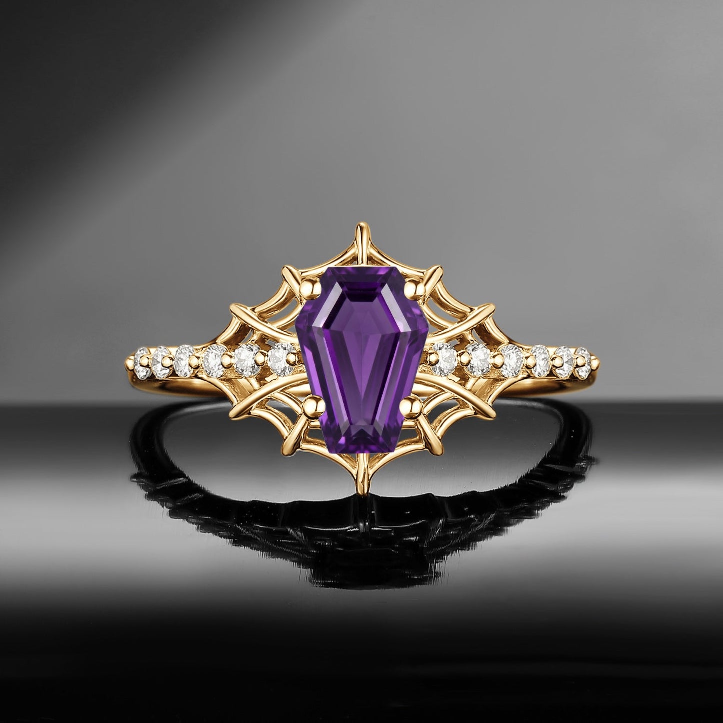 Spider Ring - Gothic Coffin Cut Amethyst Engagement Ring with Spider Web Inspired Band in Black Gold