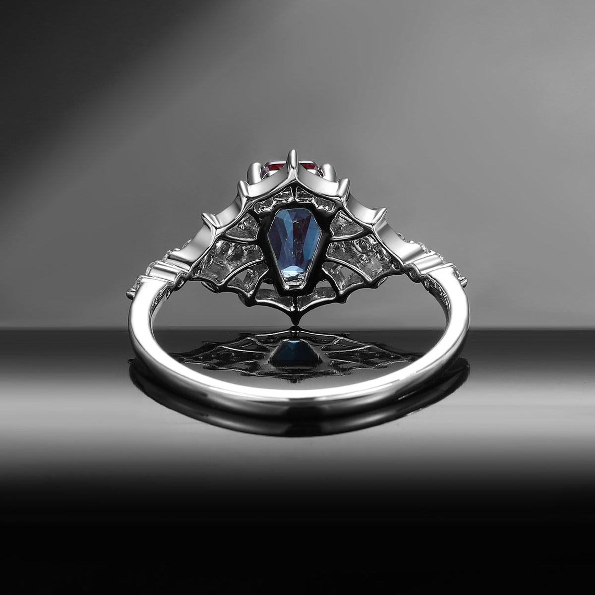 Spider Ring - Gothic Coffin Cut Lab Alexandrite Engagement Ring with Spider Web Inspired Band in Black Gold