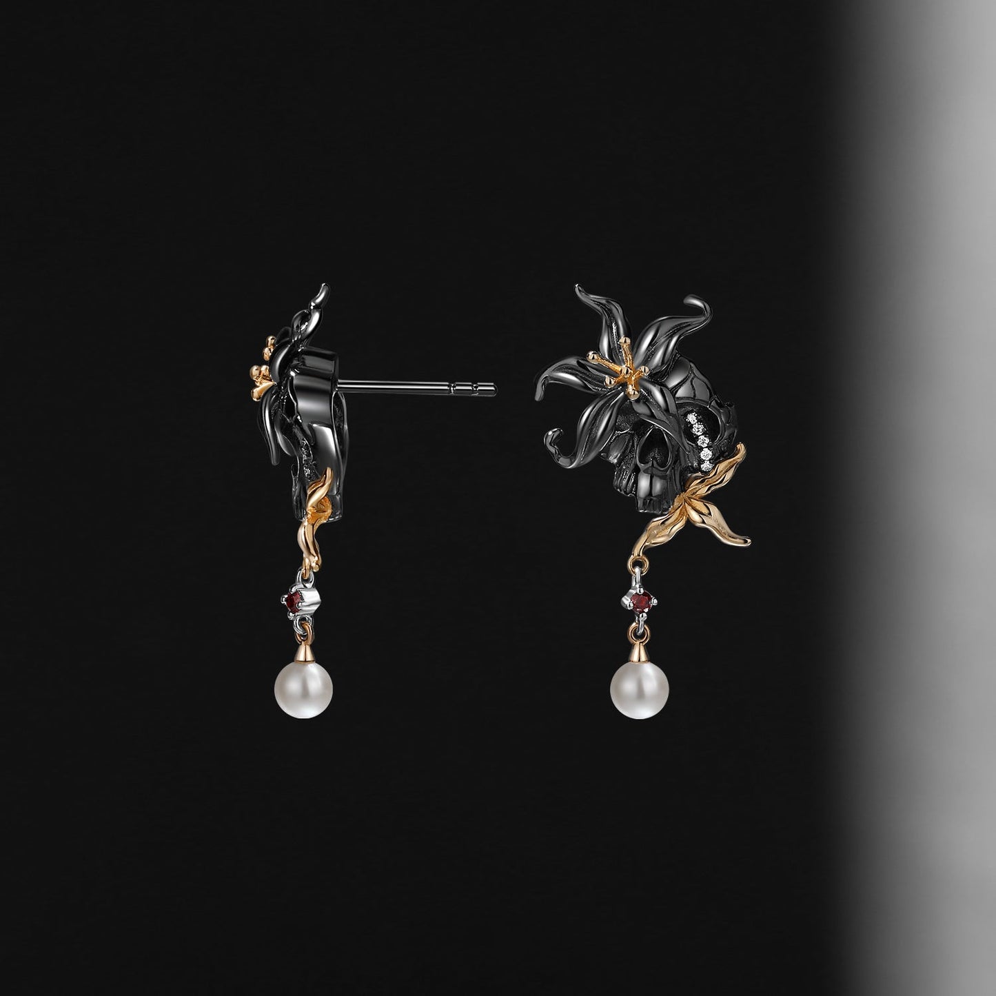 Unique Gothic Flower Inspired Skull & Skeleton Pearl Halloween Earrings