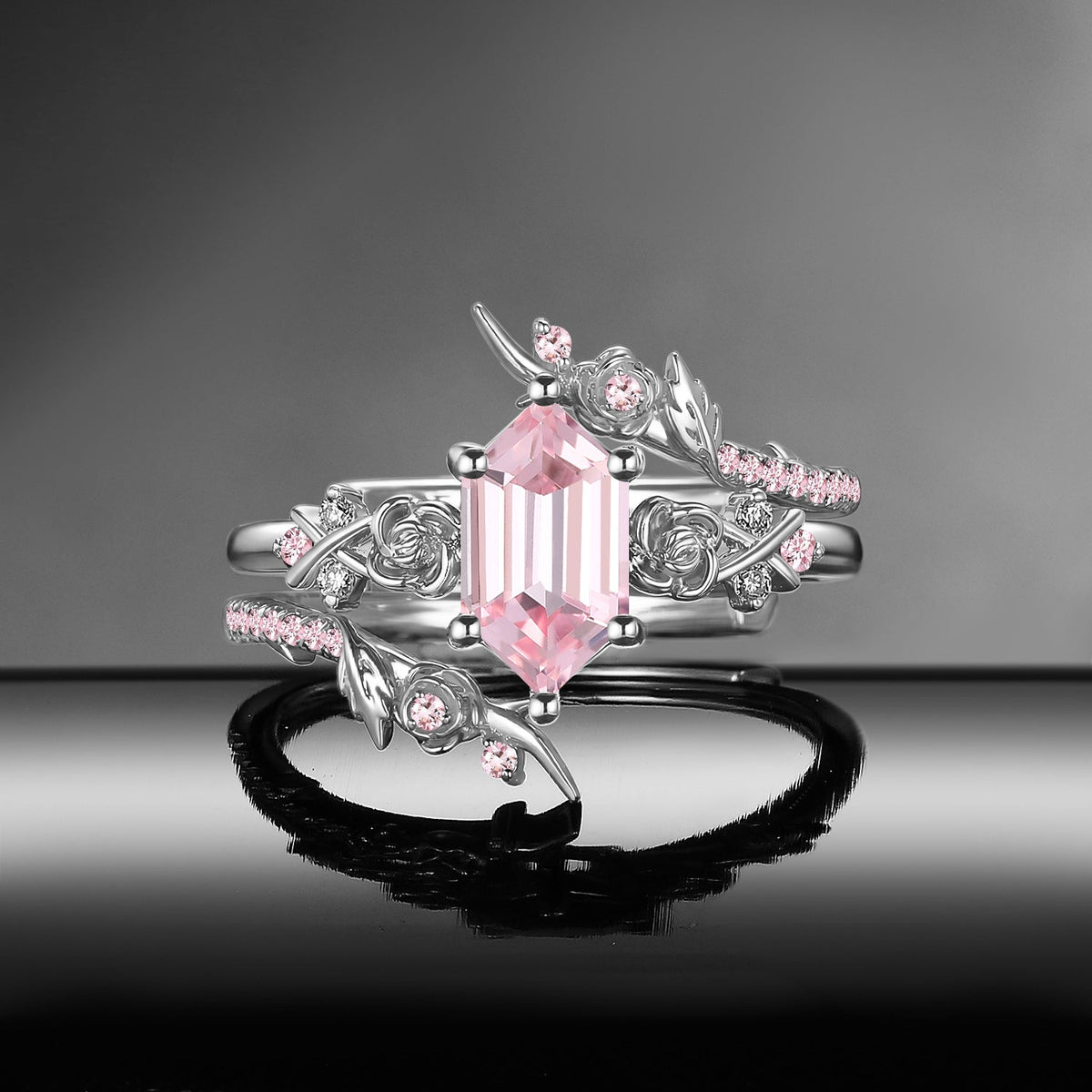 Gothic Nature Inspired Long Hexagon Lab Pink Sapphire Black Gold Cage Ring Bridal Set 2pcs - 'Thorns & Roses'