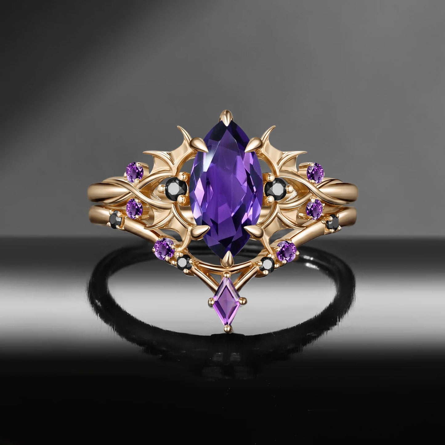 Bat Ring 'Night Court' - Gothic Marquise Amethyst Black Gold Engagement Ring Set with Bat Wing Inspired Band