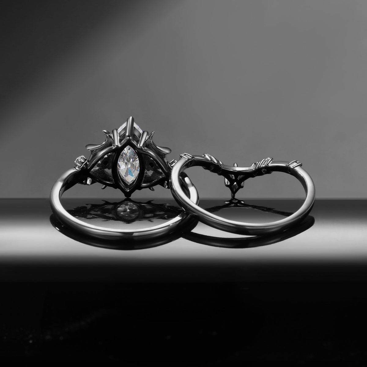 Bat Ring 'Night Court' - Gothic Marquise Moissanite Black Gold Engagement Ring Set with Bat Wing Inspired Band