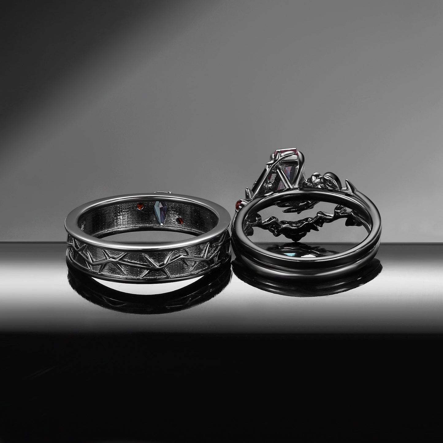 Nature Inspired Gothic Style Coffin Alexandrite 'Thorns & Roses' Couple Ring Set