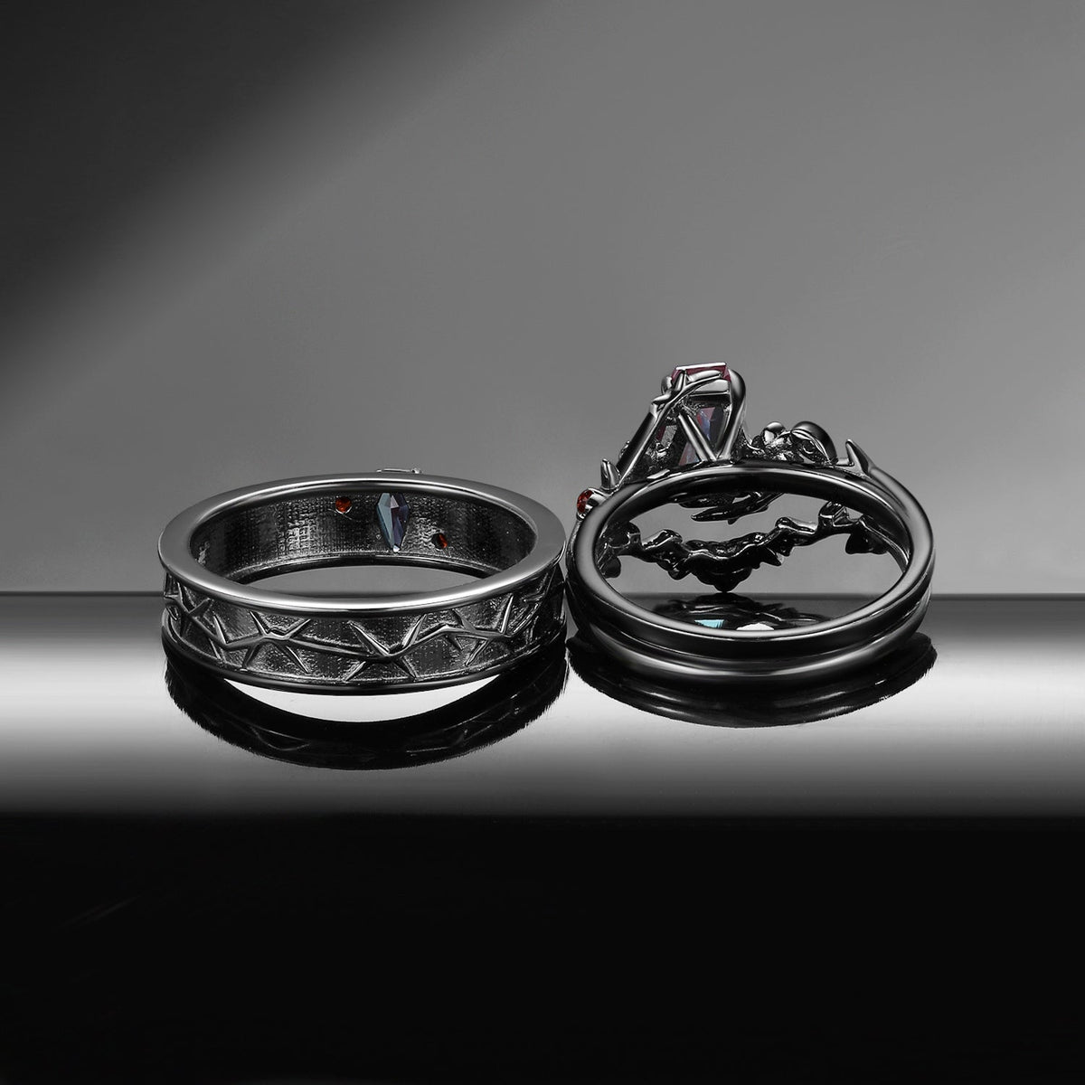 Nature Inspired Gothic Style Coffin Alexandrite Couple Ring Jewelry Set - 'Thorns & Roses' Jewelry Box